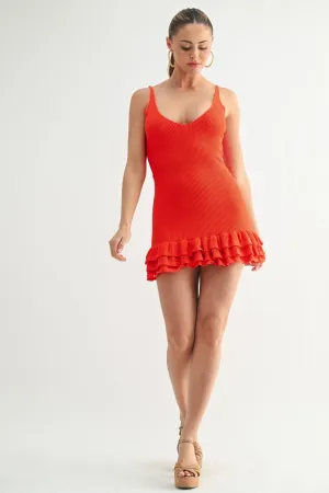 Orange Ruffled Knit Mini Dress