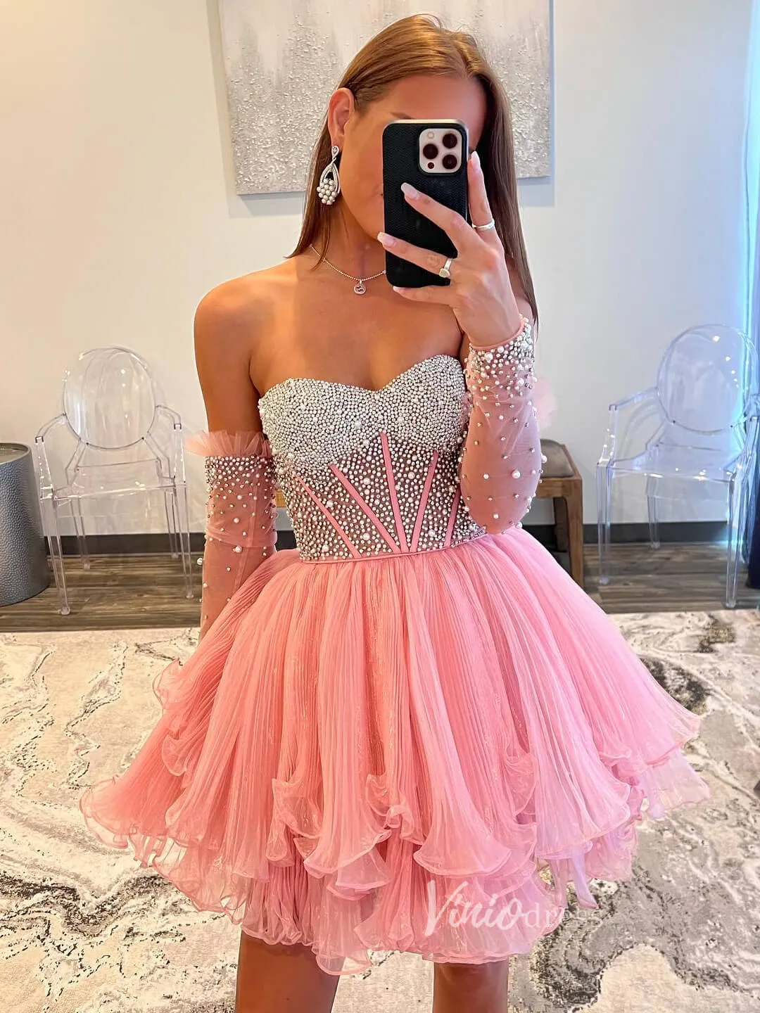 Pink Beaded Pearl Homecoming Dresses Strapless Tiered Short Prom Dress SD1634