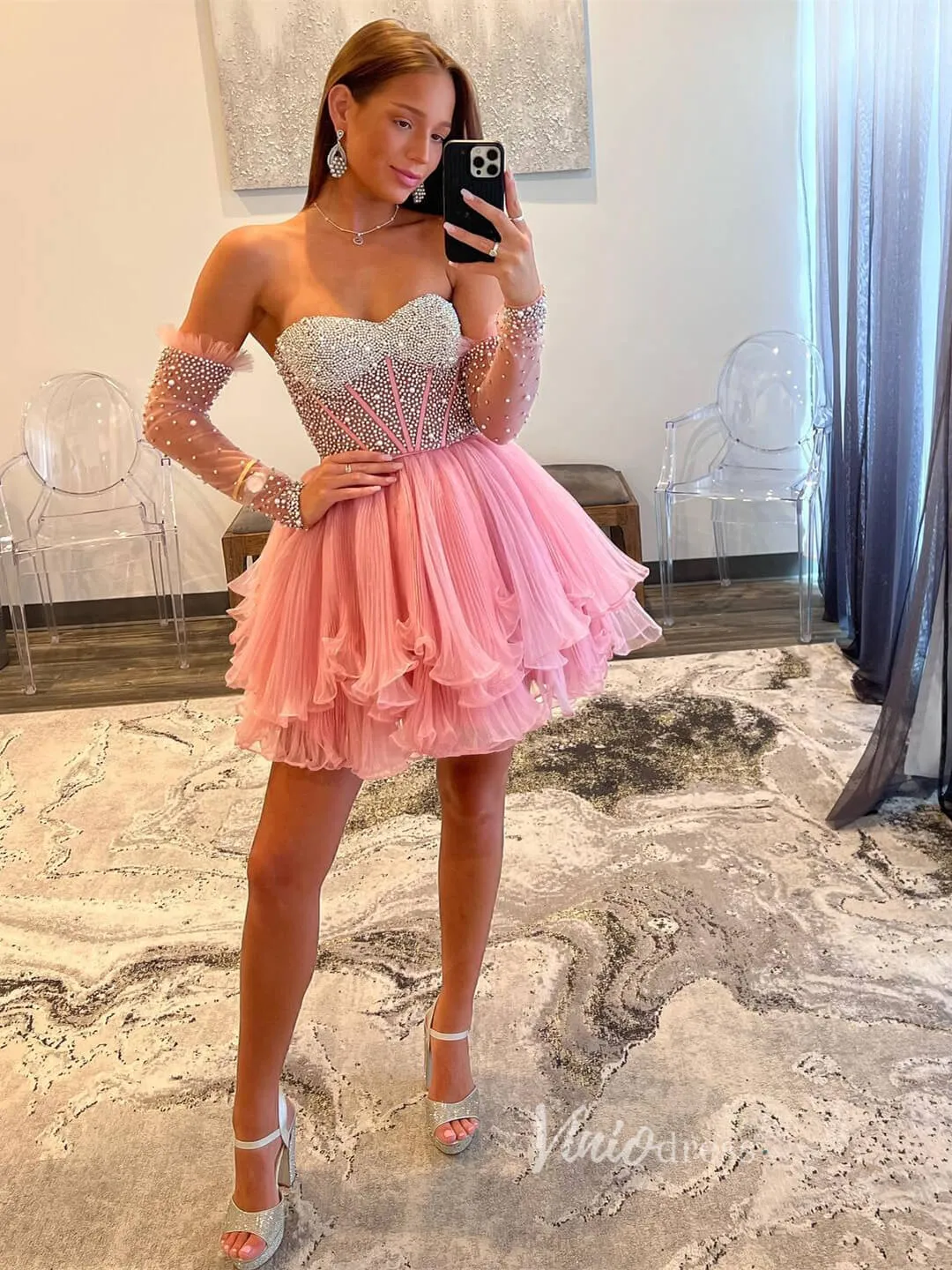 Pink Beaded Pearl Homecoming Dresses Strapless Tiered Short Prom Dress SD1634