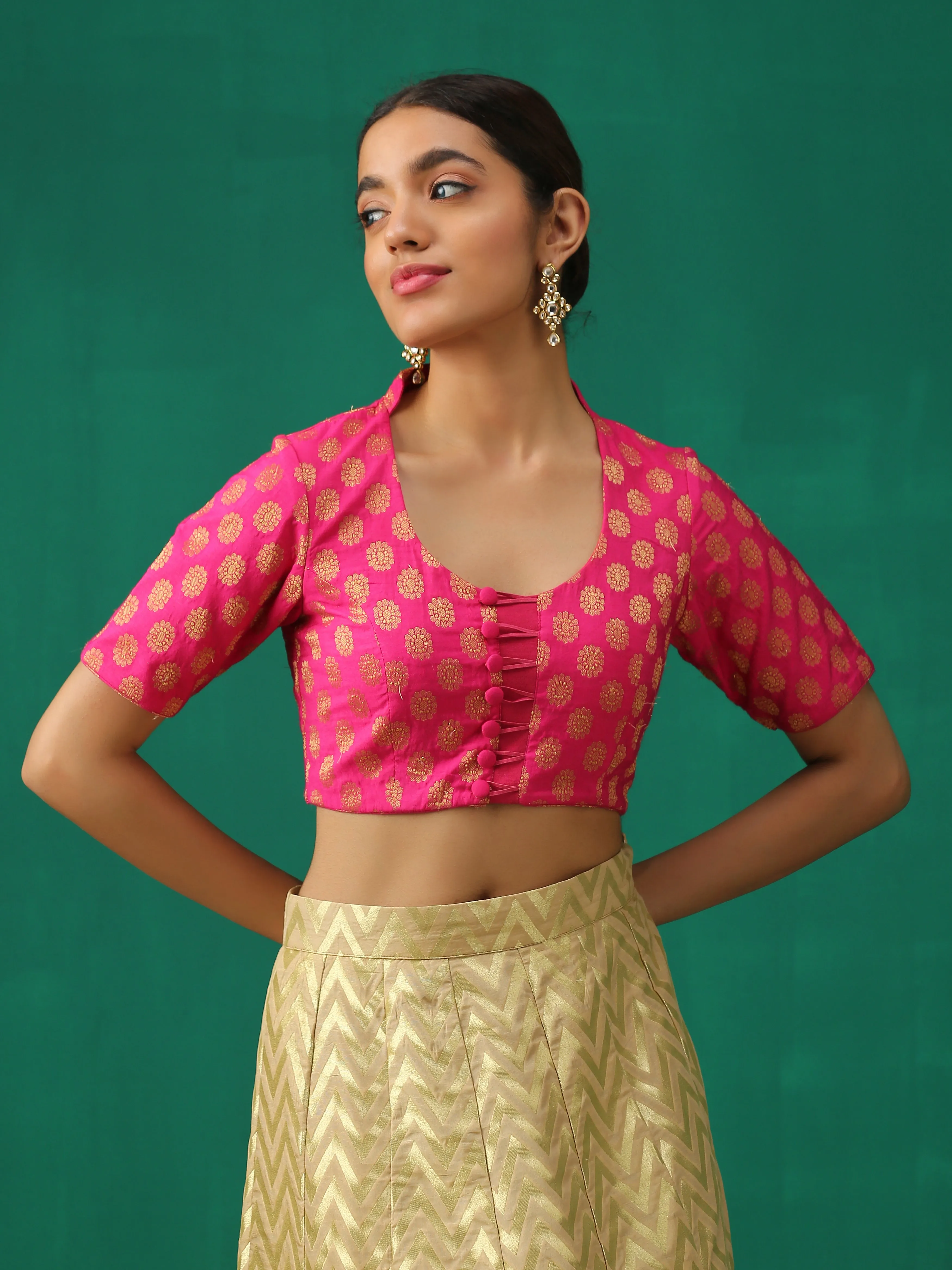 Pink Elegance Brocade Blouse with Elastic Loops