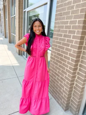 Pink Eyelet Ruffled Maxi Dress