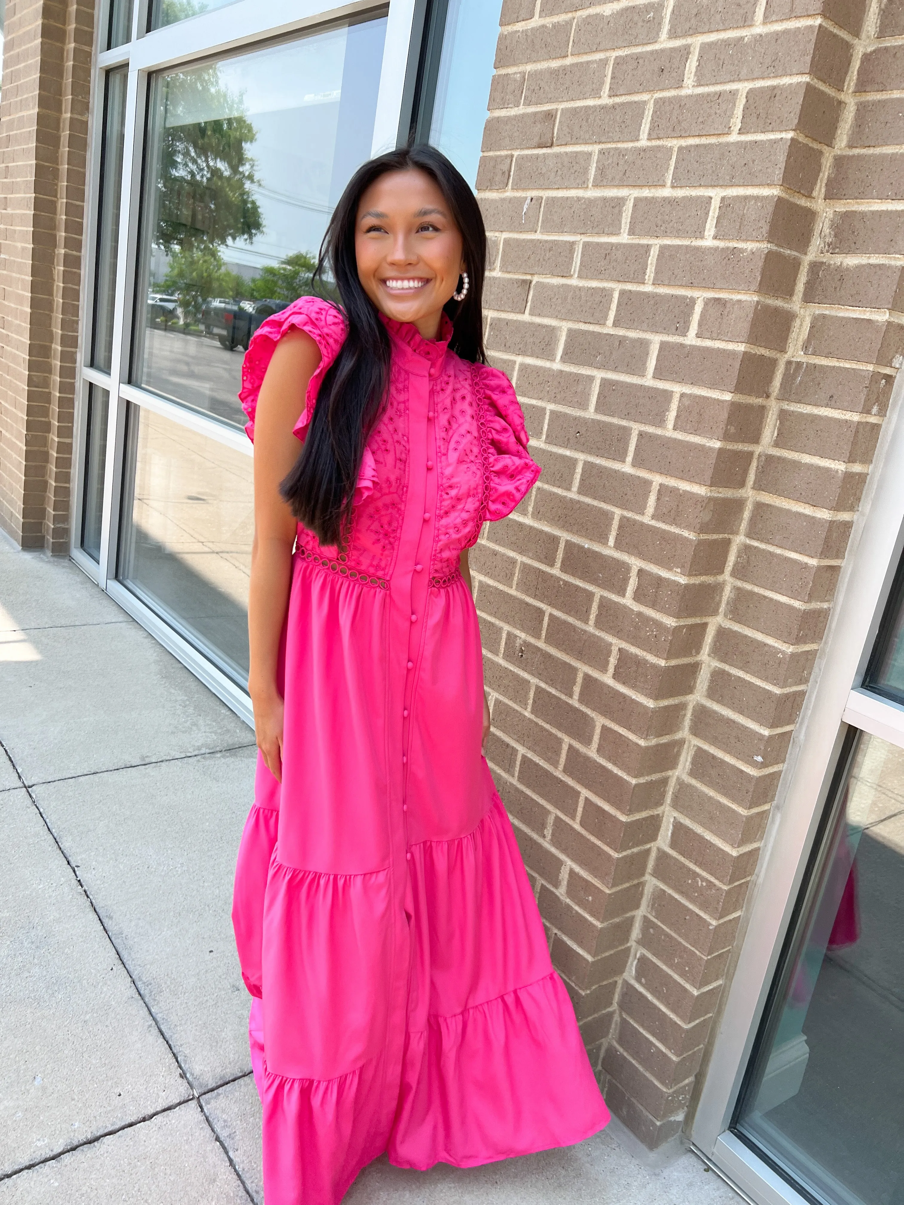 Pink Eyelet Ruffled Maxi Dress