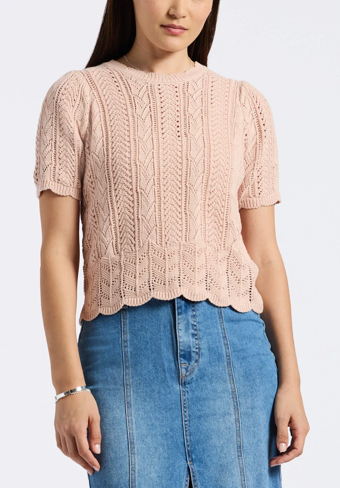 Posey Women's Short-Sleeve Crochet Knit Sweater Top, Cameo Rose - SW0108P
