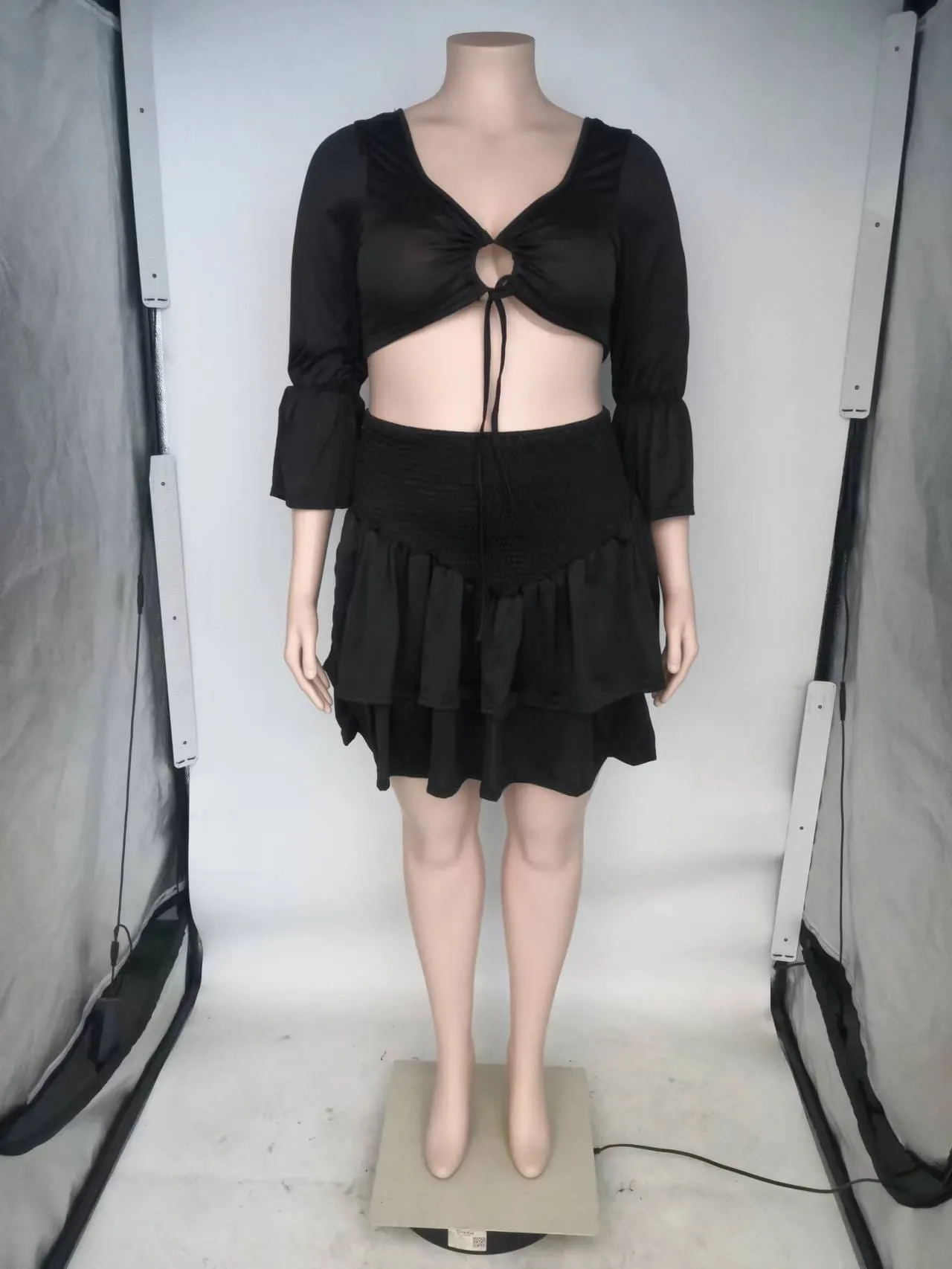 Sexy Lace Up Ruffles Mini Skirts Two Piece Set Plus Size Women Clothing