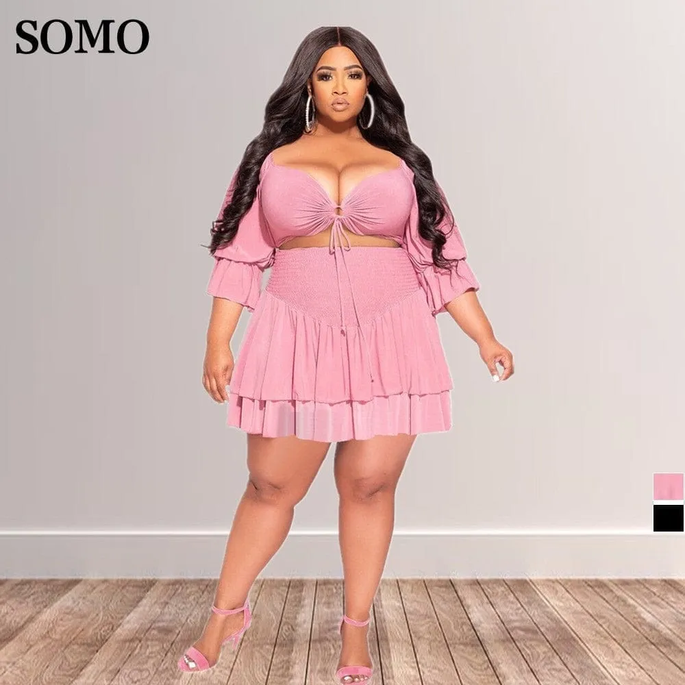 Sexy Lace Up Ruffles Mini Skirts Two Piece Set Plus Size Women Clothing
