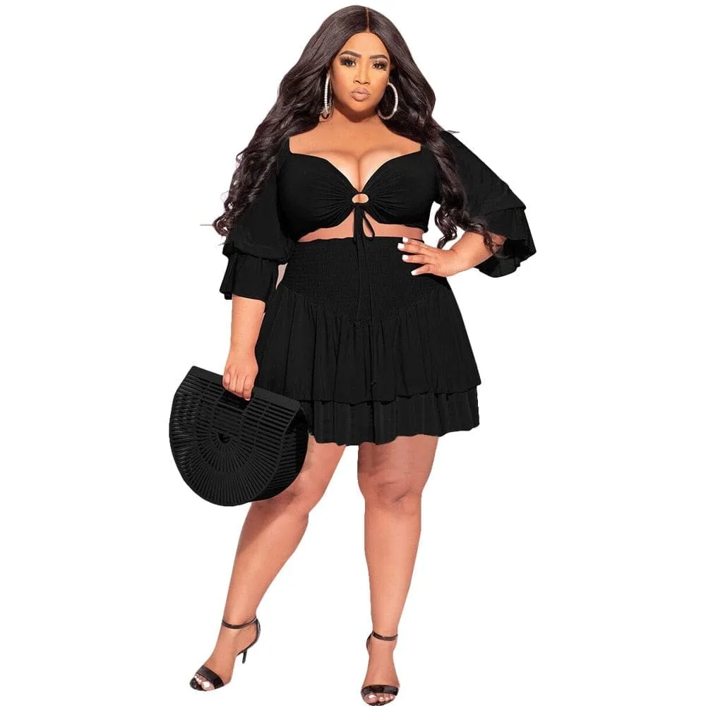 Sexy Lace Up Ruffles Mini Skirts Two Piece Set Plus Size Women Clothing