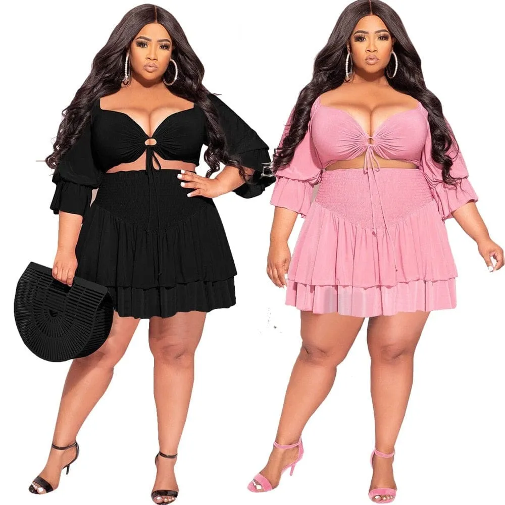 Sexy Lace Up Ruffles Mini Skirts Two Piece Set Plus Size Women Clothing