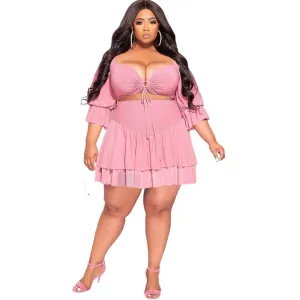 Sexy Lace Up Ruffles Mini Skirts Two Piece Set Plus Size Women Clothing