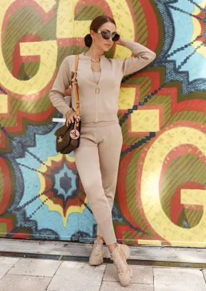 Soft Knitted set of top, cardigan, pants  - Beige