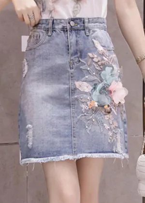 Stylish Blue Floral Patchwork High Waist Nail Bead Denim Skirt TY1073