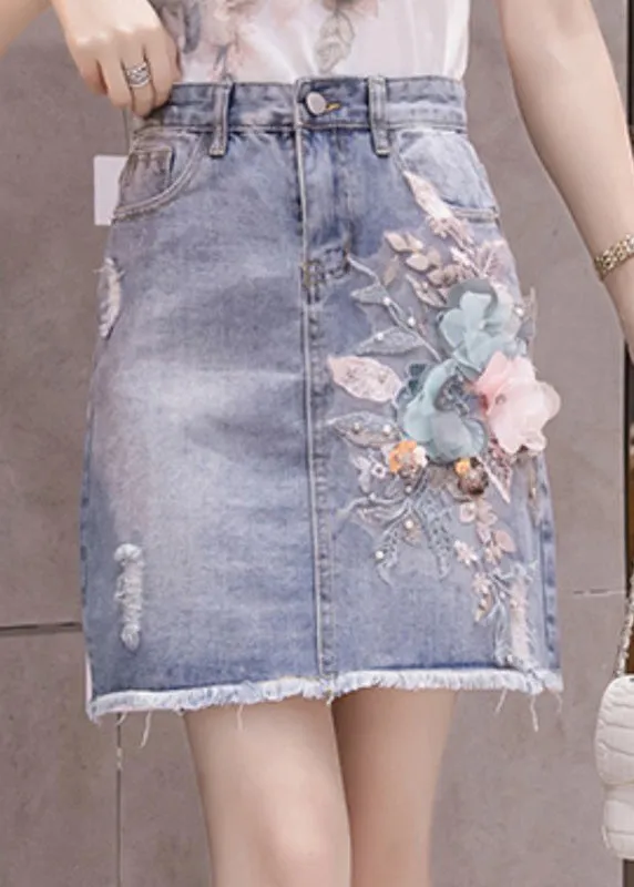Stylish Blue Floral Patchwork High Waist Nail Bead Denim Skirt TY1073