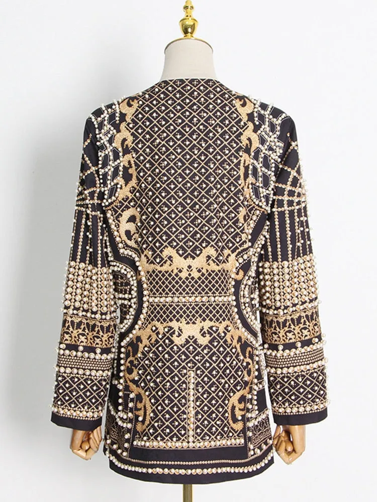 Stylish Designer Jacket Women's V-neck Long Sleeve Luxurious Metallic Beaded  Long Blazer