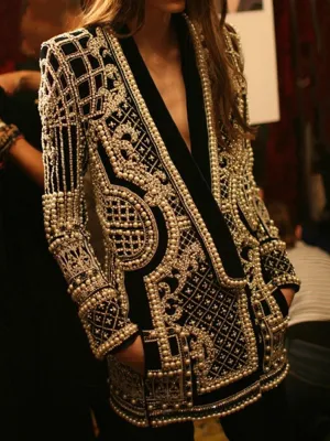 Stylish Designer Jacket Women's V-neck Long Sleeve Luxurious Metallic Beaded  Long Blazer