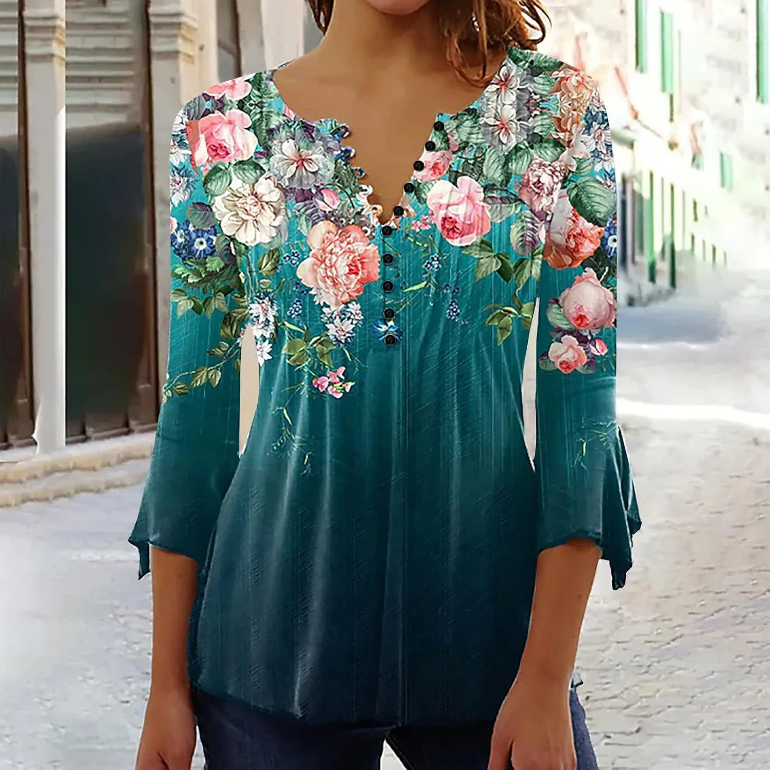 Summer Tops for Women 2024 Trendy Boho Floral Print Tunic Shirts 3/4 Bell Sleeve Button v Neck Tshirt Casual Loose Blouse