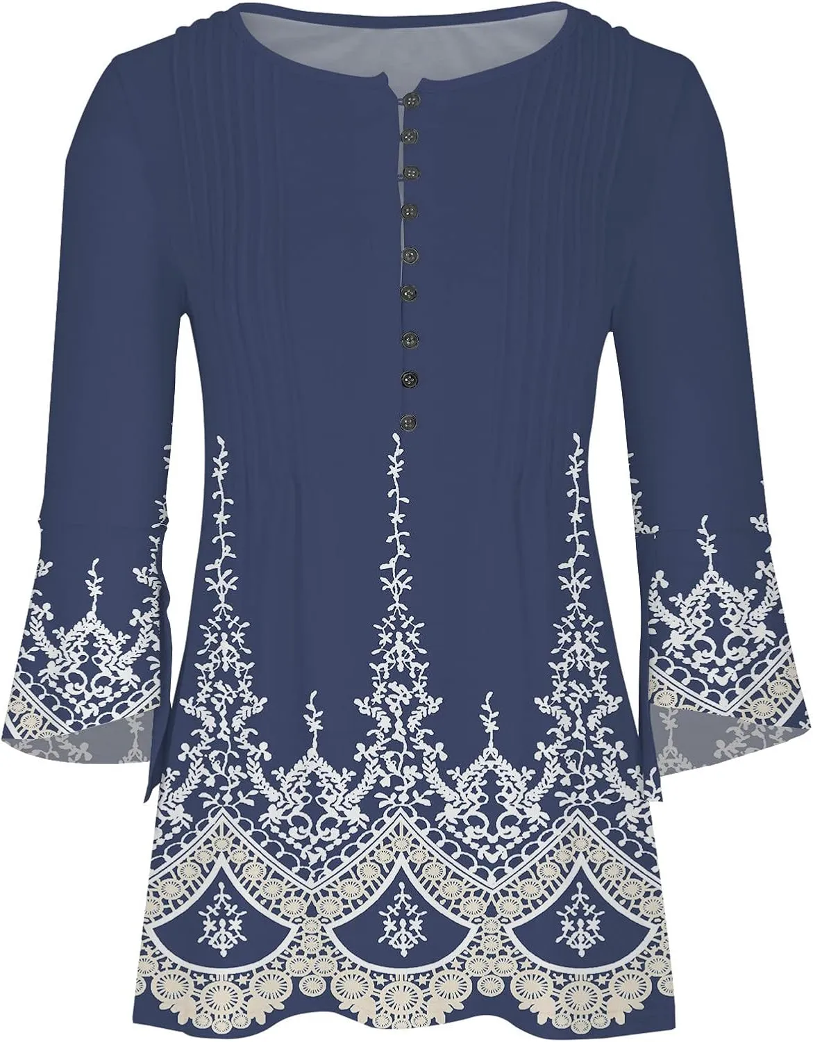 Summer Tops for Women 2024 Trendy Boho Floral Print Tunic Shirts 3/4 Bell Sleeve Button v Neck Tshirt Casual Loose Blouse
