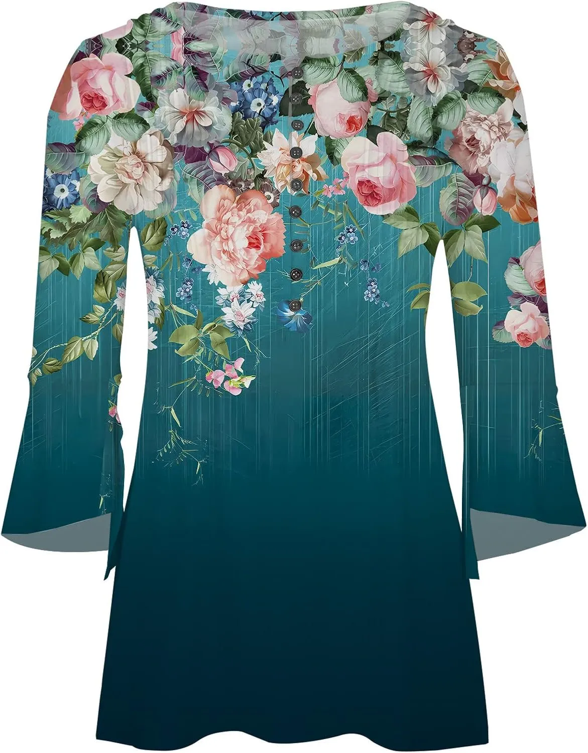 Summer Tops for Women 2024 Trendy Boho Floral Print Tunic Shirts 3/4 Bell Sleeve Button v Neck Tshirt Casual Loose Blouse