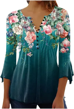 Summer Tops for Women 2024 Trendy Boho Floral Print Tunic Shirts 3/4 Bell Sleeve Button v Neck Tshirt Casual Loose Blouse