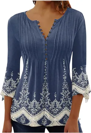 Summer Tops for Women 2024 Trendy Boho Floral Print Tunic Shirts 3/4 Bell Sleeve Button v Neck Tshirt Casual Loose Blouse