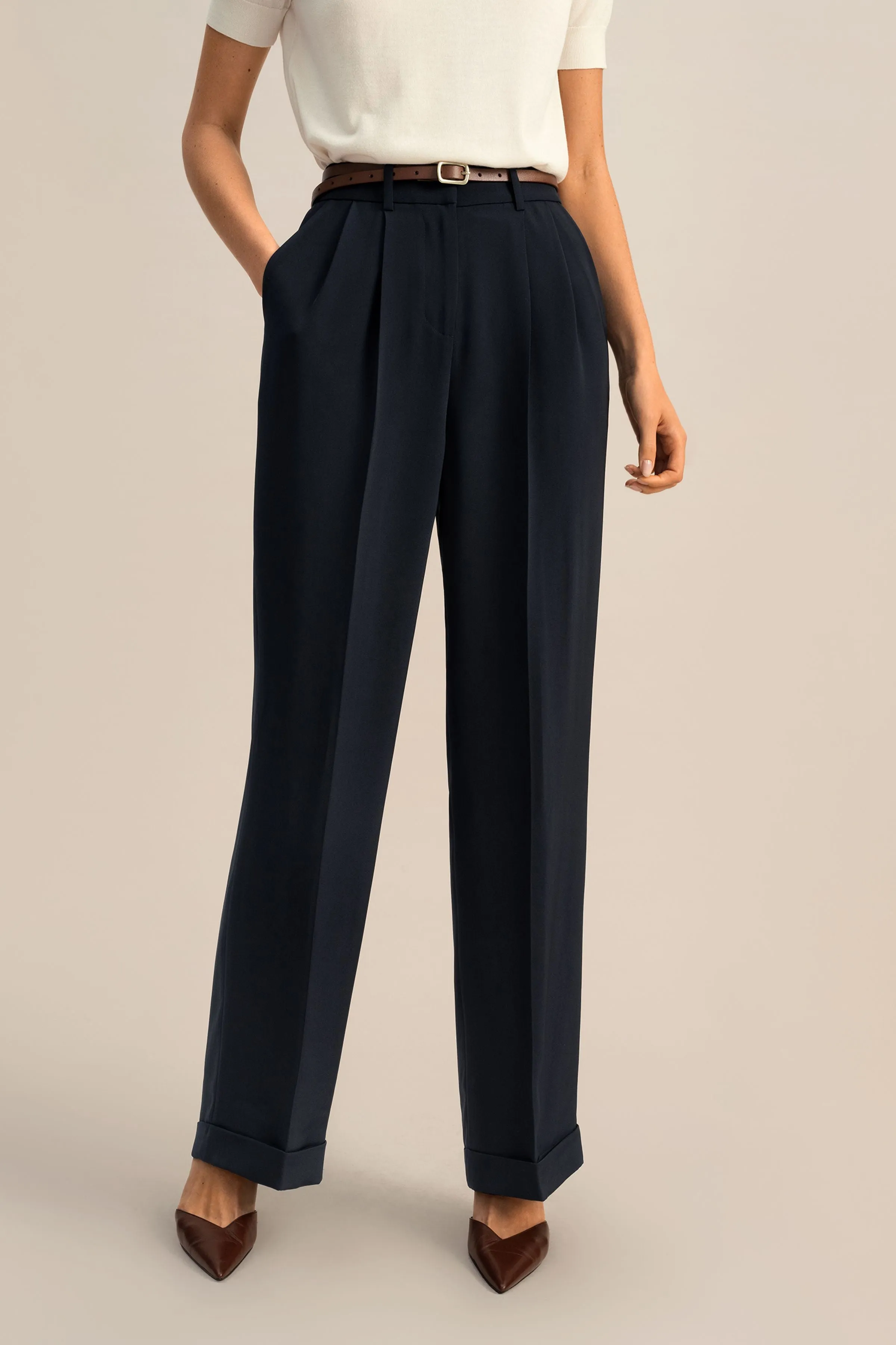 Timeless Pleated Wide-Leg Dense Silk Trousers - Midnight