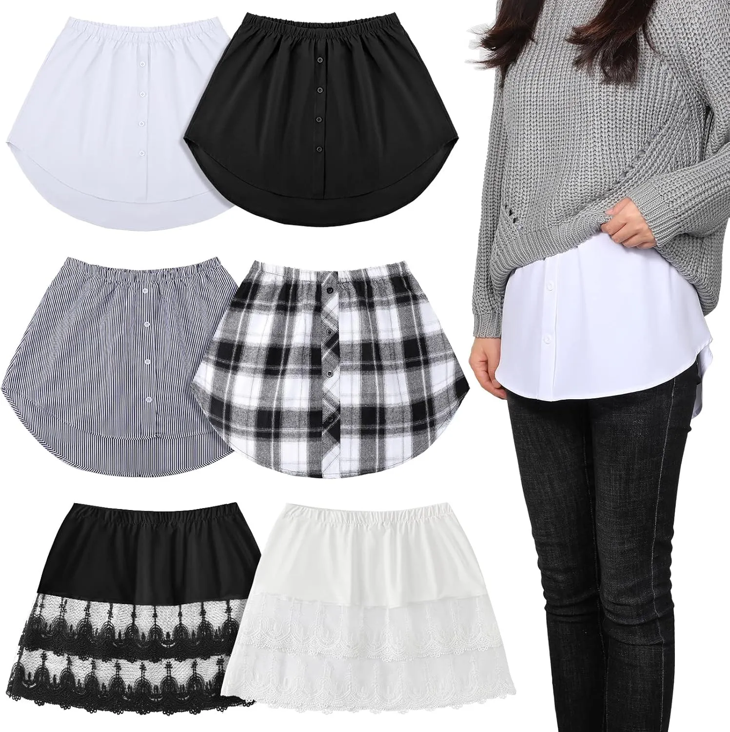 Unittype 6 Pcs Shirt Extender for Women Adjustable Half Slip Mini Short Extenders with Button Fake Top Lower Sweep