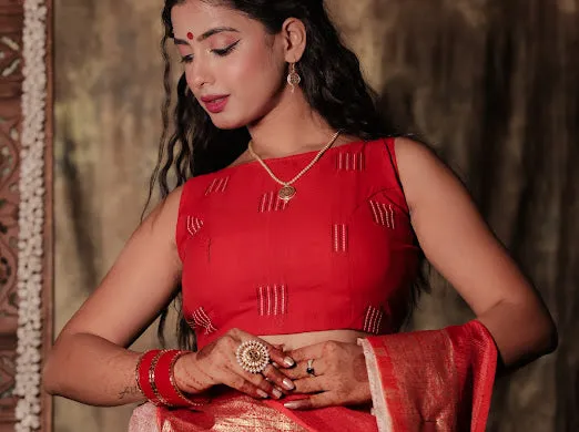 Utkorshini - Red Embroidered Sleeveless Cotton Blouse