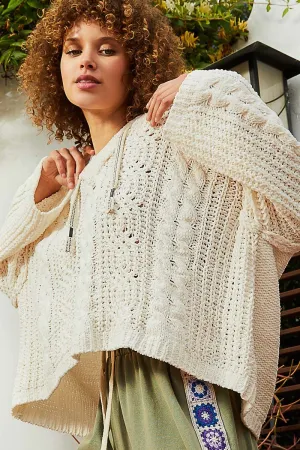 V-Neck Hooded Chenille Pullover Sweater with Tie Detail