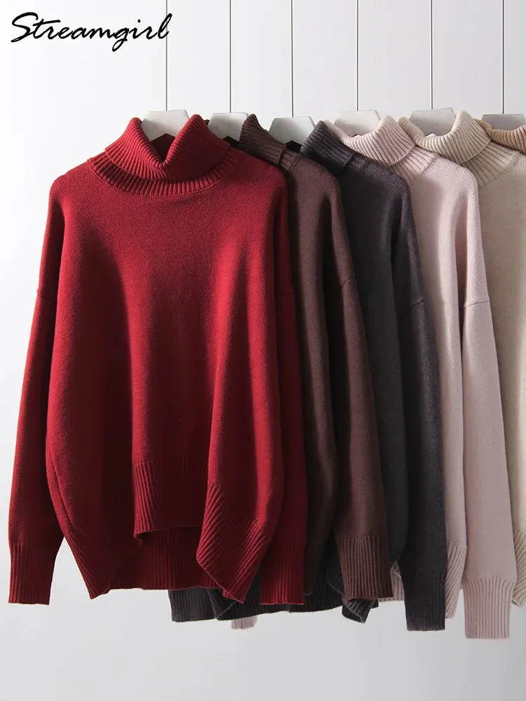 Warm Burgundy Sweater Women Oversized Pullover Winter Clothes Woman Brown Knit Jumper Loose Turtleneck Sweaters For Women 2024