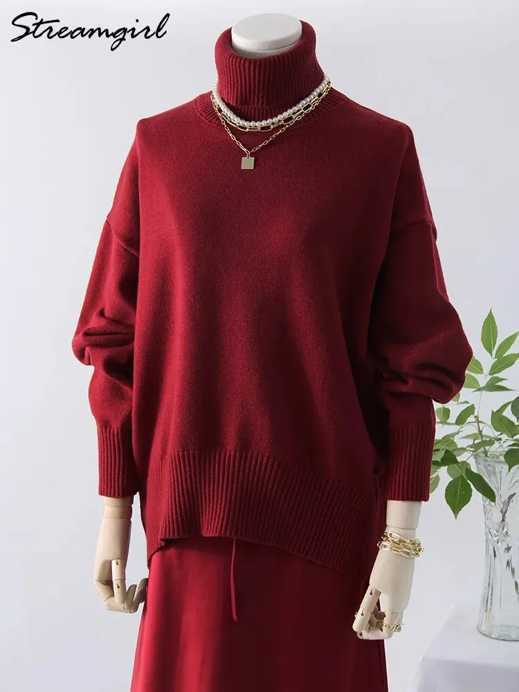 Warm Burgundy Sweater Women Oversized Pullover Winter Clothes Woman Brown Knit Jumper Loose Turtleneck Sweaters For Women 2024