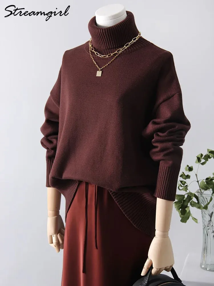 Warm Burgundy Sweater Women Oversized Pullover Winter Clothes Woman Brown Knit Jumper Loose Turtleneck Sweaters For Women 2024
