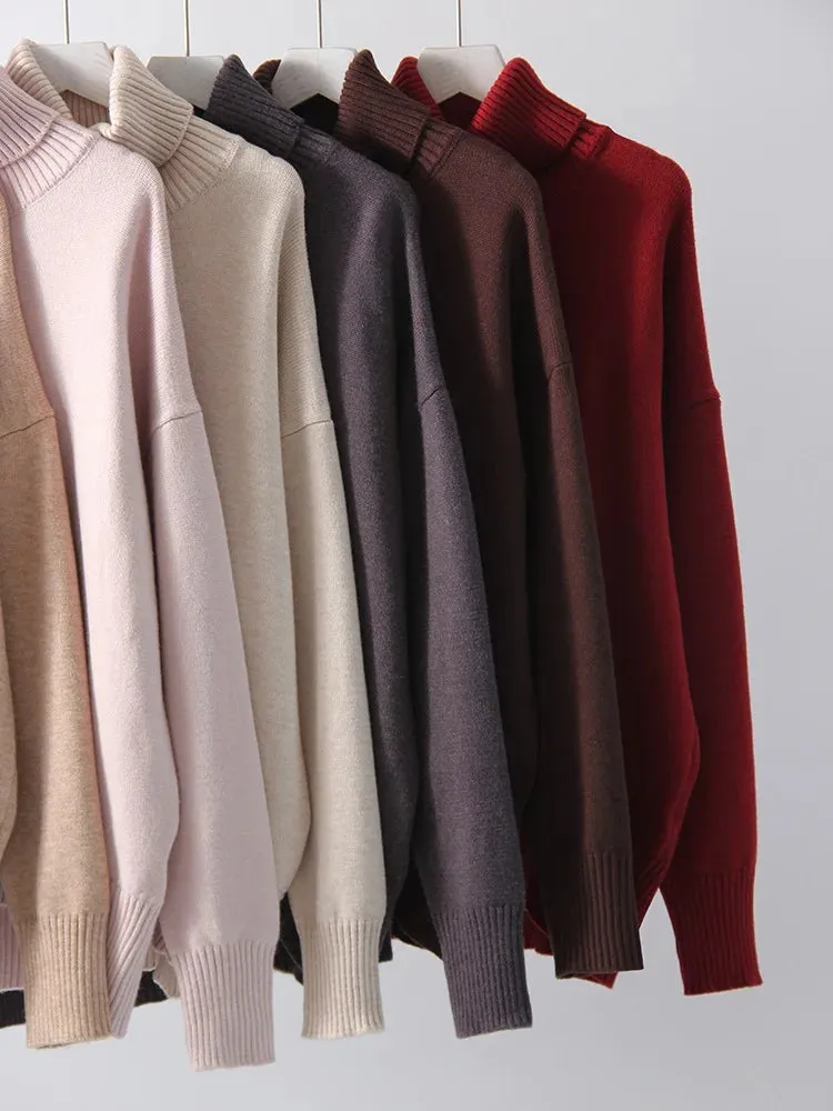 Warm Burgundy Sweater Women Oversized Pullover Winter Clothes Woman Brown Knit Jumper Loose Turtleneck Sweaters For Women 2024