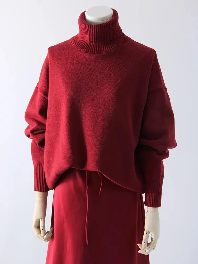 Warm Burgundy Sweater Women Oversized Pullover Winter Clothes Woman Brown Knit Jumper Loose Turtleneck Sweaters For Women 2024