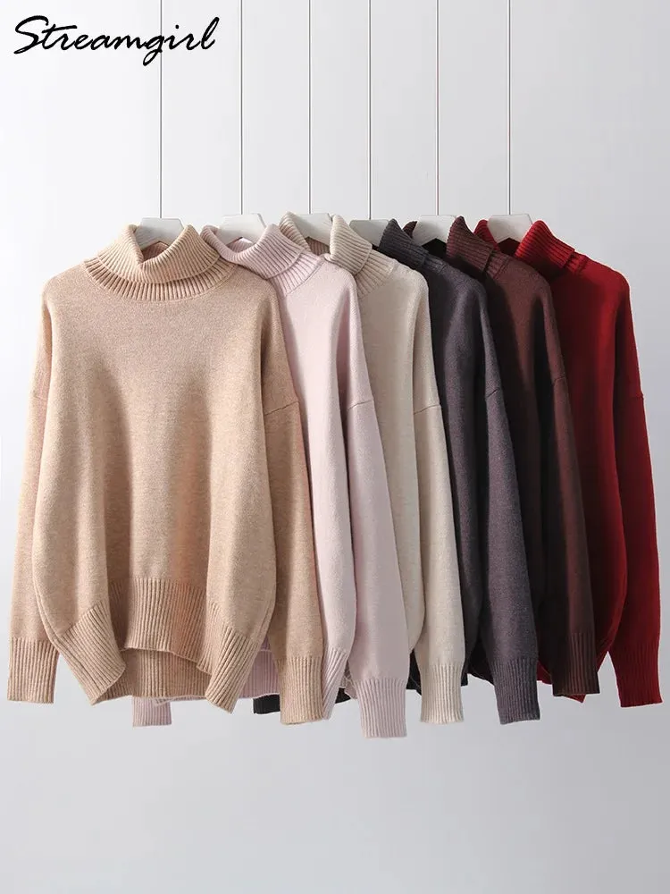 Warm Burgundy Sweater Women Oversized Pullover Winter Clothes Woman Brown Knit Jumper Loose Turtleneck Sweaters For Women 2024