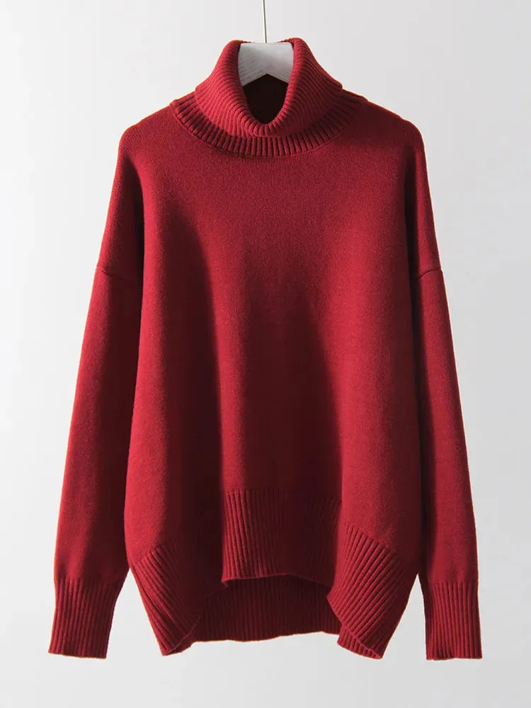 Warm Burgundy Sweater Women Oversized Pullover Winter Clothes Woman Brown Knit Jumper Loose Turtleneck Sweaters For Women 2024