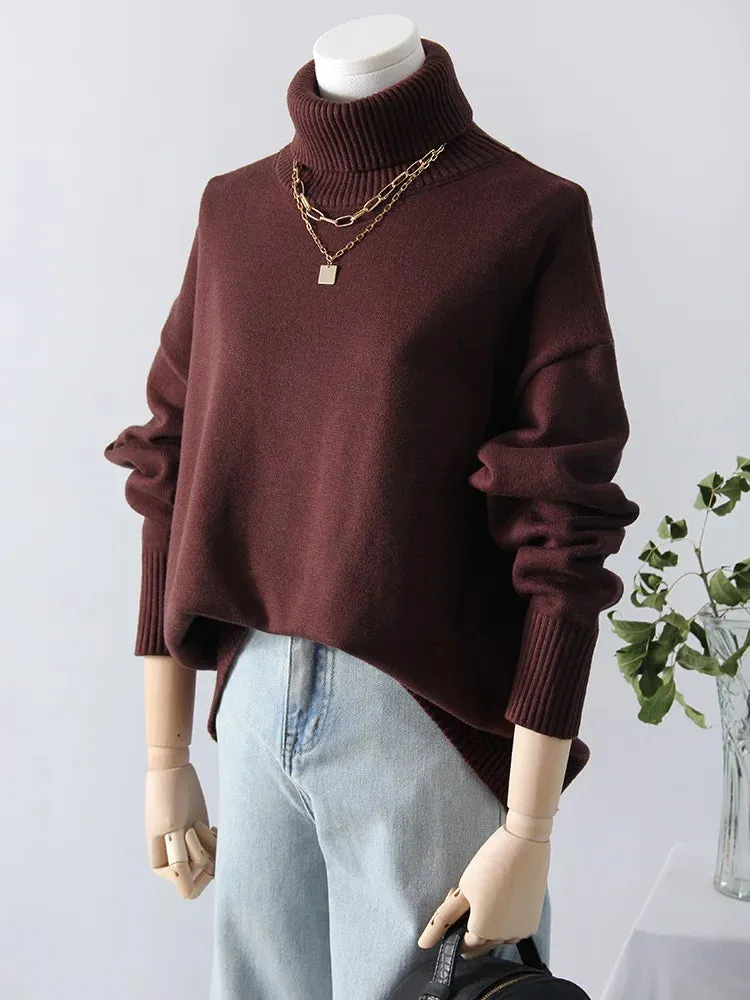 Warm Burgundy Sweater Women Oversized Pullover Winter Clothes Woman Brown Knit Jumper Loose Turtleneck Sweaters For Women 2024