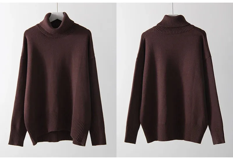 Warm Burgundy Sweater Women Oversized Pullover Winter Clothes Woman Brown Knit Jumper Loose Turtleneck Sweaters For Women 2024