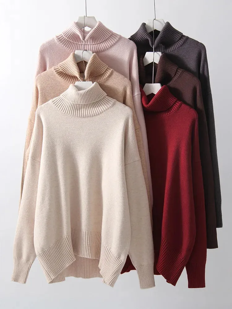 Warm Burgundy Sweater Women Oversized Pullover Winter Clothes Woman Brown Knit Jumper Loose Turtleneck Sweaters For Women 2024