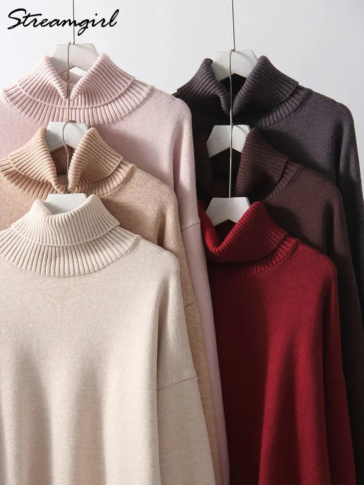Warm Burgundy Sweater Women Oversized Pullover Winter Clothes Woman Brown Knit Jumper Loose Turtleneck Sweaters For Women 2024