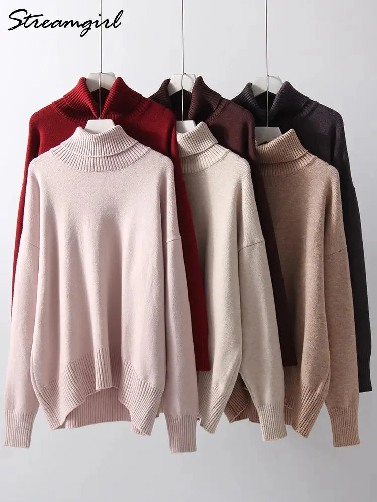 Warm Burgundy Sweater Women Oversized Pullover Winter Clothes Woman Brown Knit Jumper Loose Turtleneck Sweaters For Women 2024