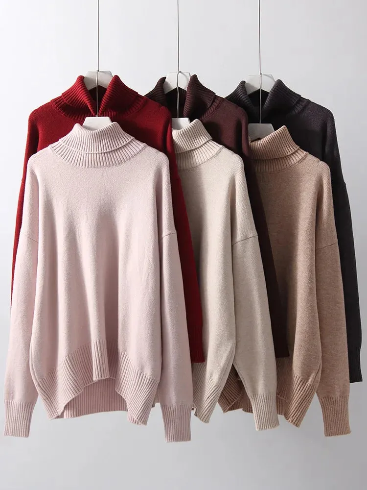 Warm Burgundy Sweater Women Oversized Pullover Winter Clothes Woman Brown Knit Jumper Loose Turtleneck Sweaters For Women 2024