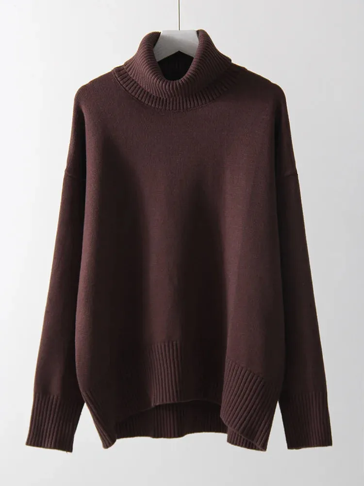 Warm Burgundy Sweater Women Oversized Pullover Winter Clothes Woman Brown Knit Jumper Loose Turtleneck Sweaters For Women 2024
