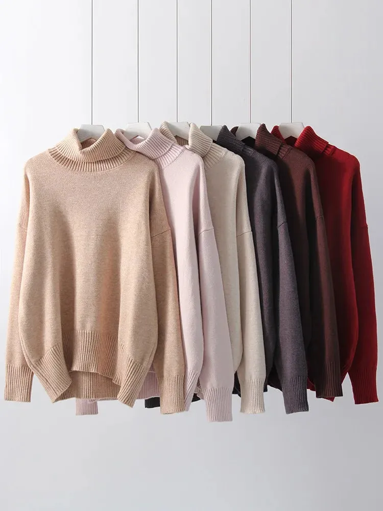 Warm Burgundy Sweater Women Oversized Pullover Winter Clothes Woman Brown Knit Jumper Loose Turtleneck Sweaters For Women 2024