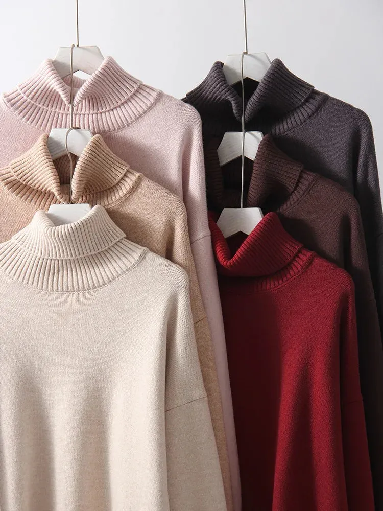 Warm Burgundy Sweater Women Oversized Pullover Winter Clothes Woman Brown Knit Jumper Loose Turtleneck Sweaters For Women 2024