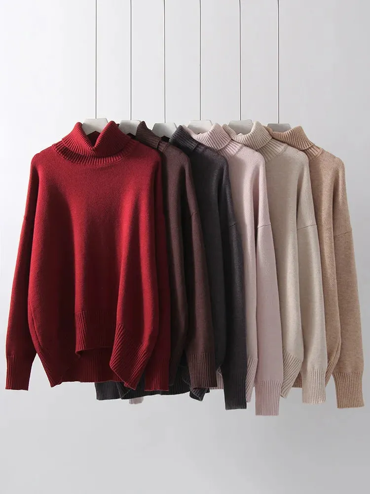 Warm Burgundy Sweater Women Oversized Pullover Winter Clothes Woman Brown Knit Jumper Loose Turtleneck Sweaters For Women 2024