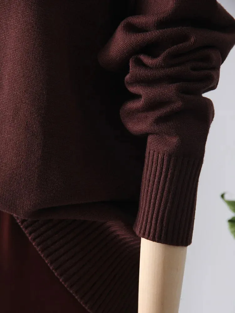 Warm Burgundy Sweater Women Oversized Pullover Winter Clothes Woman Brown Knit Jumper Loose Turtleneck Sweaters For Women 2024