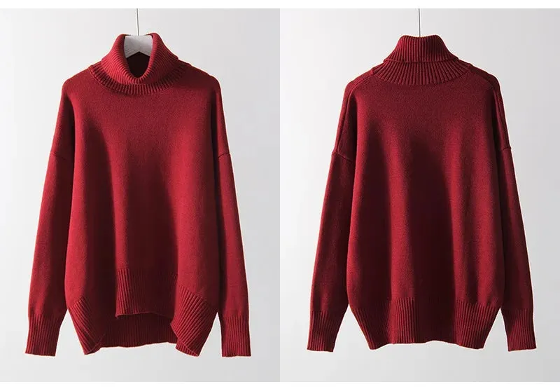 Warm Burgundy Sweater Women Oversized Pullover Winter Clothes Woman Brown Knit Jumper Loose Turtleneck Sweaters For Women 2024