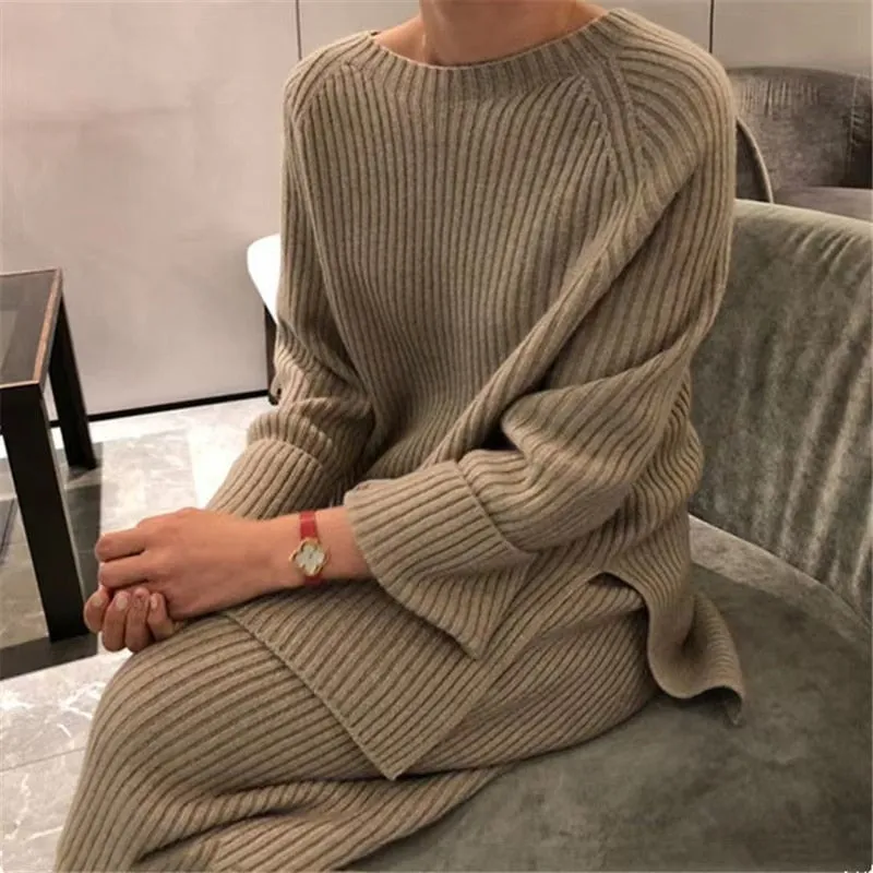 Winter Knitted Sweater Two-Piece Set Women Turtleneck Top Warm Thick Pants Suits Female Casual Pullover Tracksuits