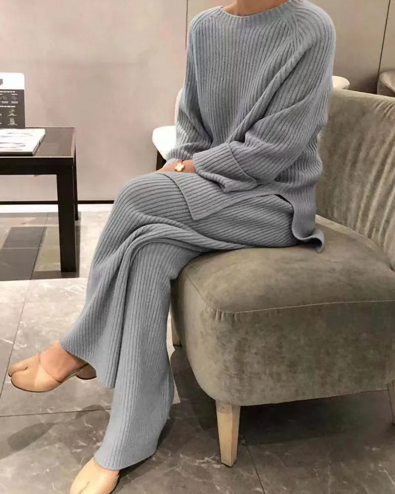 Winter Knitted Sweater Two-Piece Set Women Turtleneck Top Warm Thick Pants Suits Female Casual Pullover Tracksuits