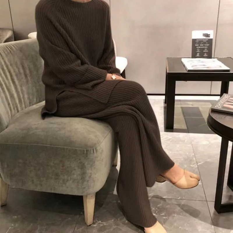 Winter Knitted Sweater Two-Piece Set Women Turtleneck Top Warm Thick Pants Suits Female Casual Pullover Tracksuits