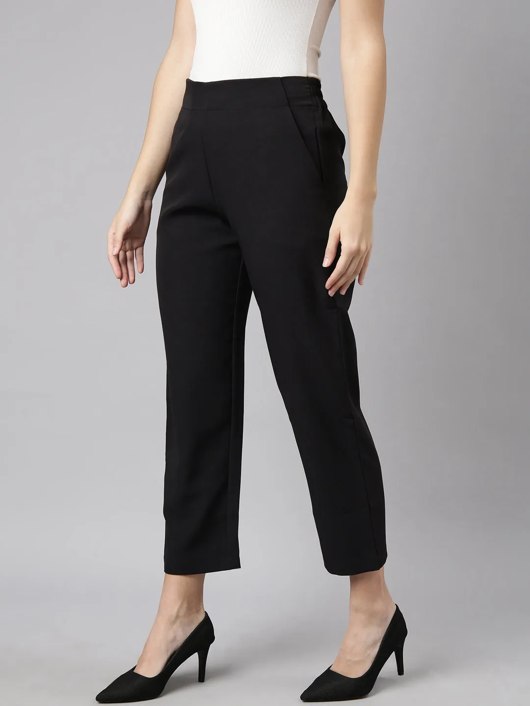 Women Black Regular Fit Cotton Comfort Formal Trousers