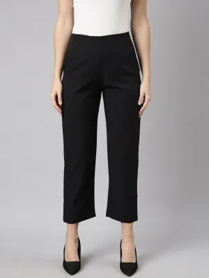 Women Black Regular Fit Cotton Comfort Formal Trousers